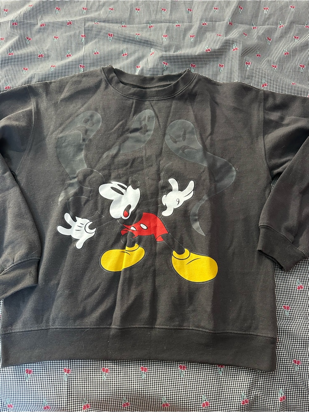 Disney Gray Mickey Mouse Graphic Sweatshirt with Red and Yellow Accents